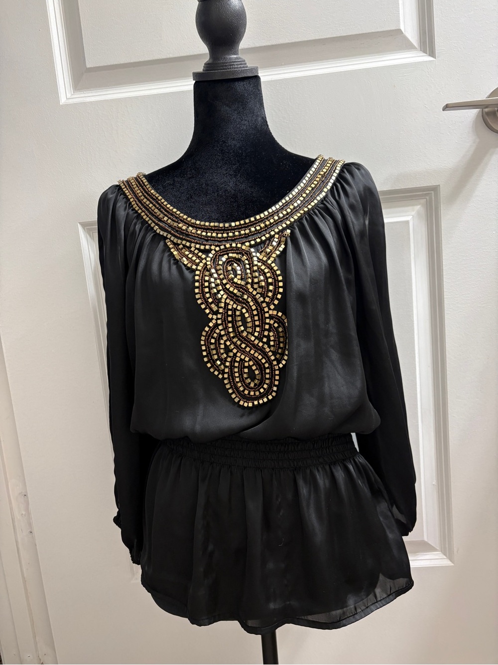 Bebe black silky long sleeve beaded gold embellished tunic top size medium 8/10